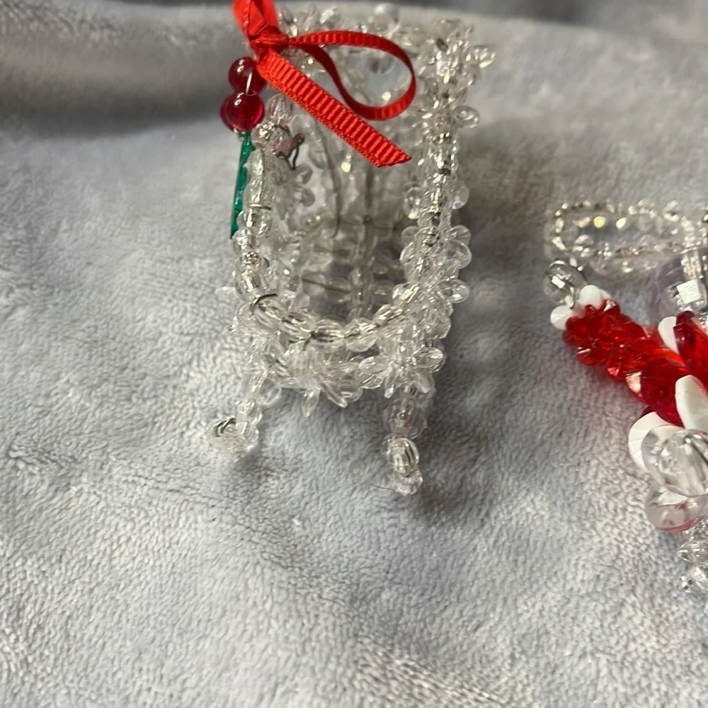 Vintage Beaded Mouse and Two Sleighs Red/Green/ Sparkle w/Holly Accents